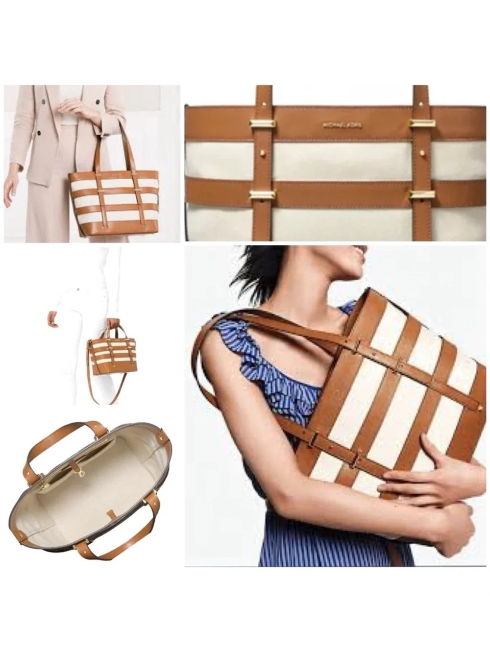 Michael Kors Tan and Cream Striped Leather-Trim Tote- Marie